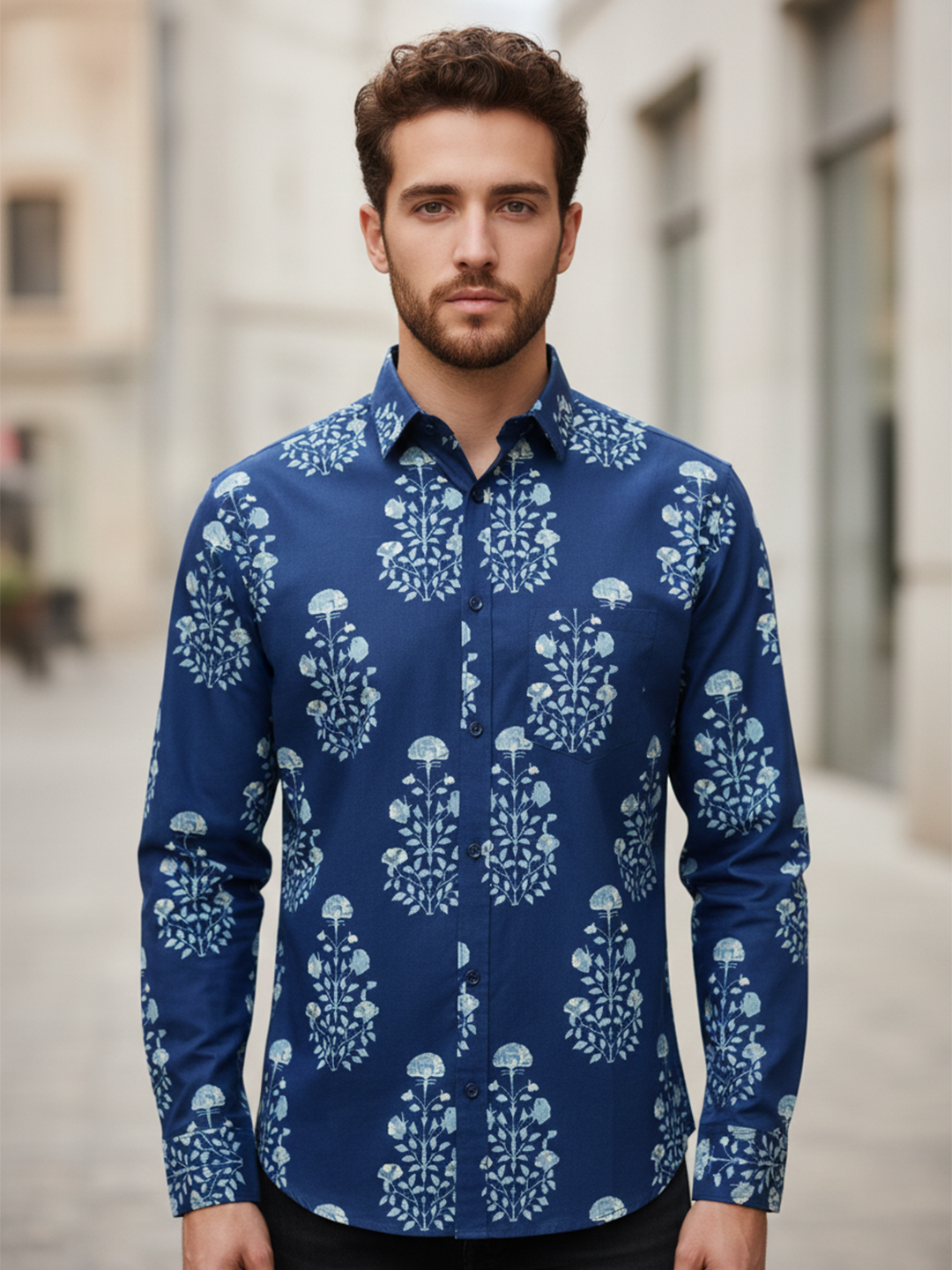 Indigo Floral Sanganeri Full Sleeves Shirt