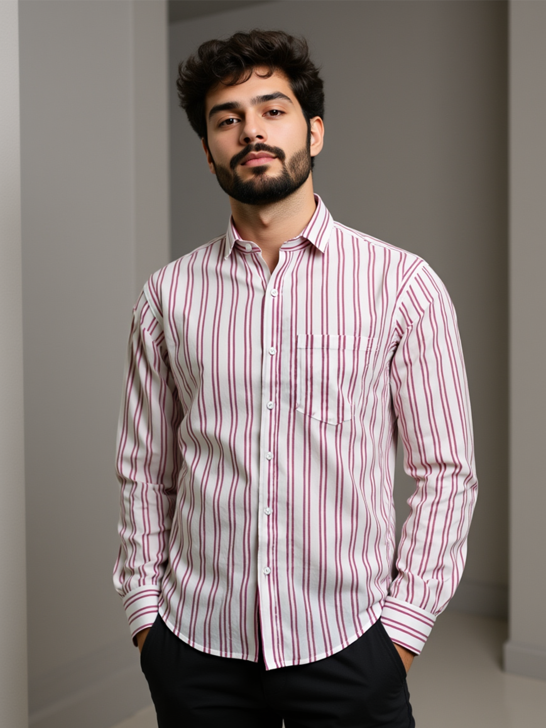 White & Pink Stripes Sanganeri Full Sleeves Shirt