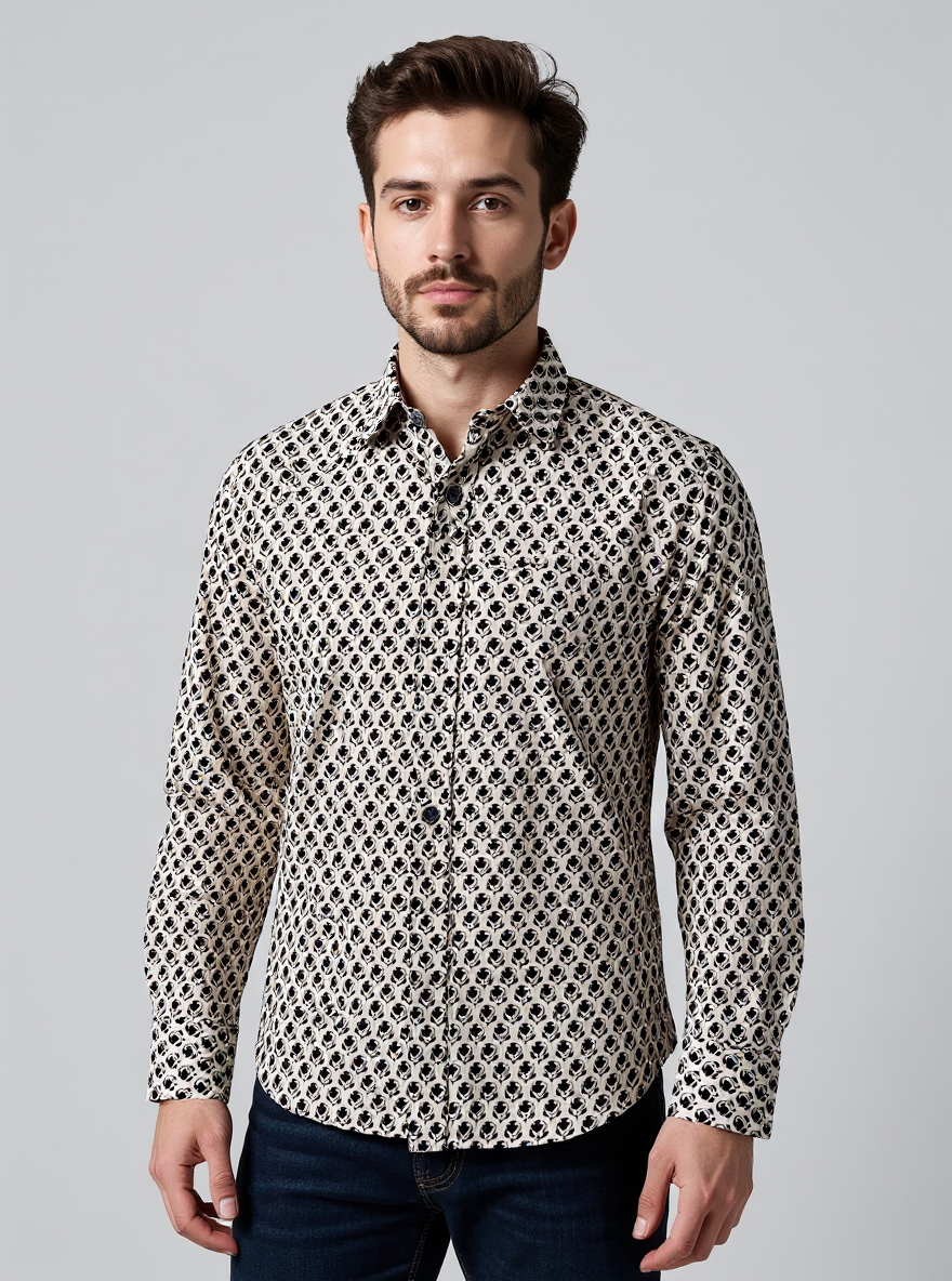Off White Block Sanganeri Full Sleeves Shirt