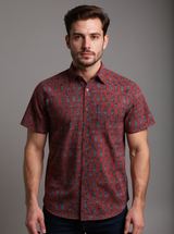 Red Abstract Sanganei Half Sleeves Shirt