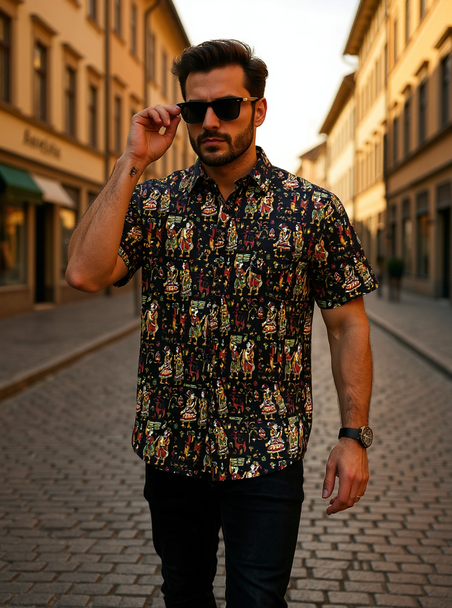 Black Kalamkari Sanganeri Half Sleeves Shirt