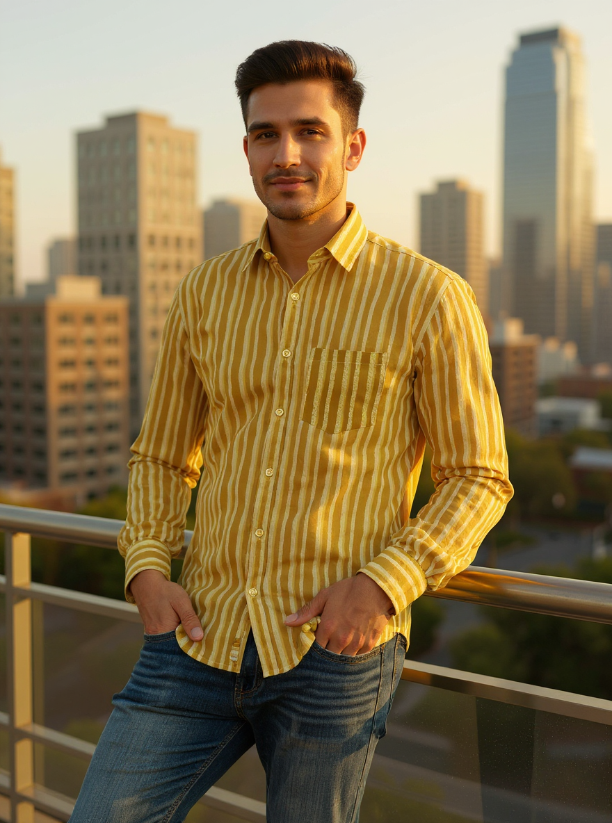 Yellow Stripes Sanganeri Full Sleeves Shirt