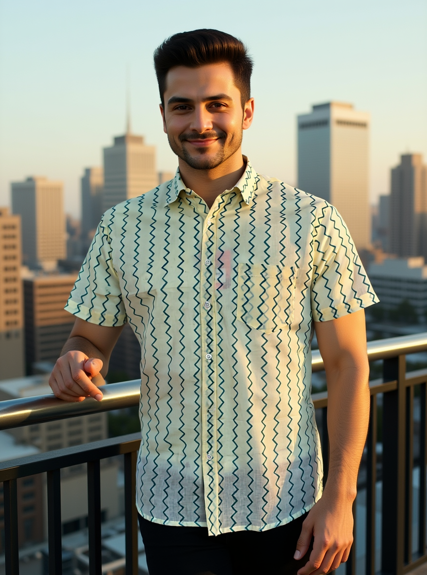 White Zig-Zag Sanganeri Half Sleeves Shirt