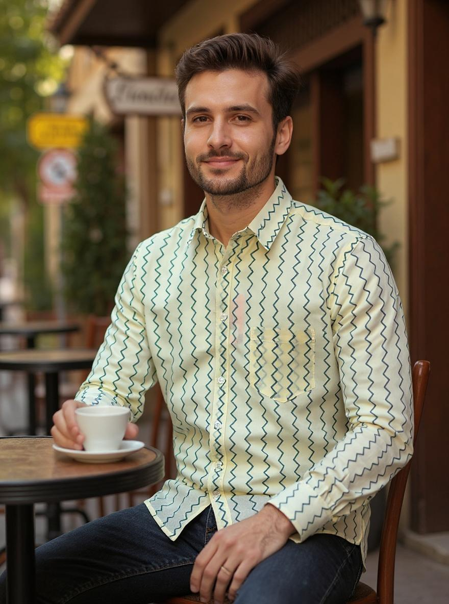 White Zig-Zag Sanganeri Full Sleeves Shirt