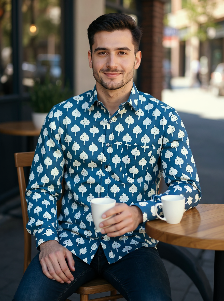 Teal blue Motif Sanganeri Full Sleeves Shirt