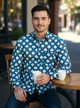 Teal blue Motif Sanganeri Full Sleeves Shirt