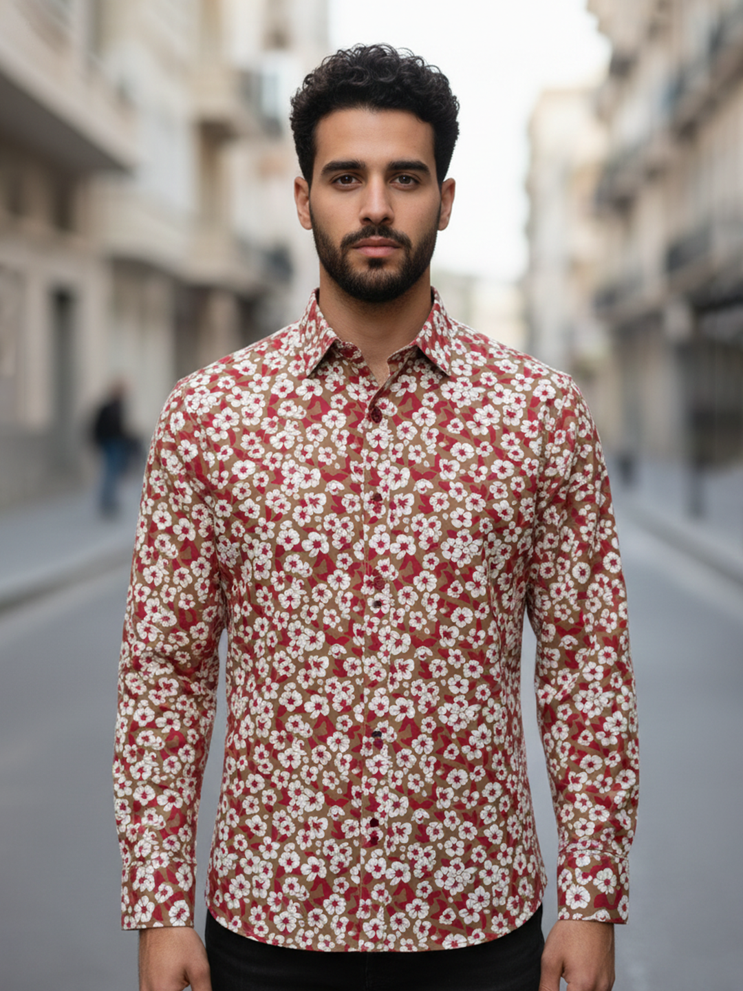 Beige Floral Sanganeri Full Sleeves Shirt