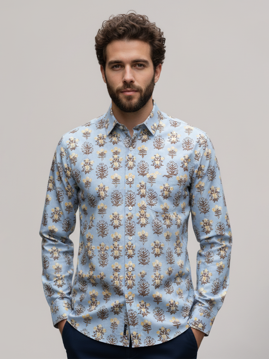 Soft Grey Floral Buta Sanganeri Full Sleeves Shirt