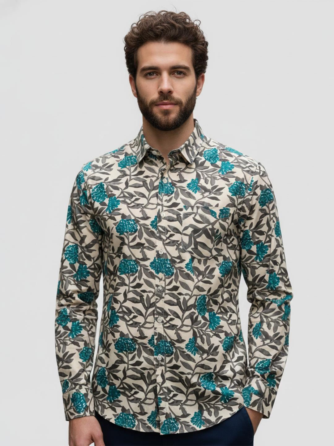 Cream Floral Sanganeri Full Sleeves Shirt