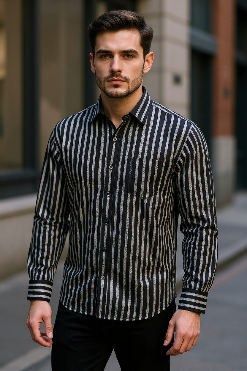 Black Strips Printed Sanganeri Full Sleeves Shirt