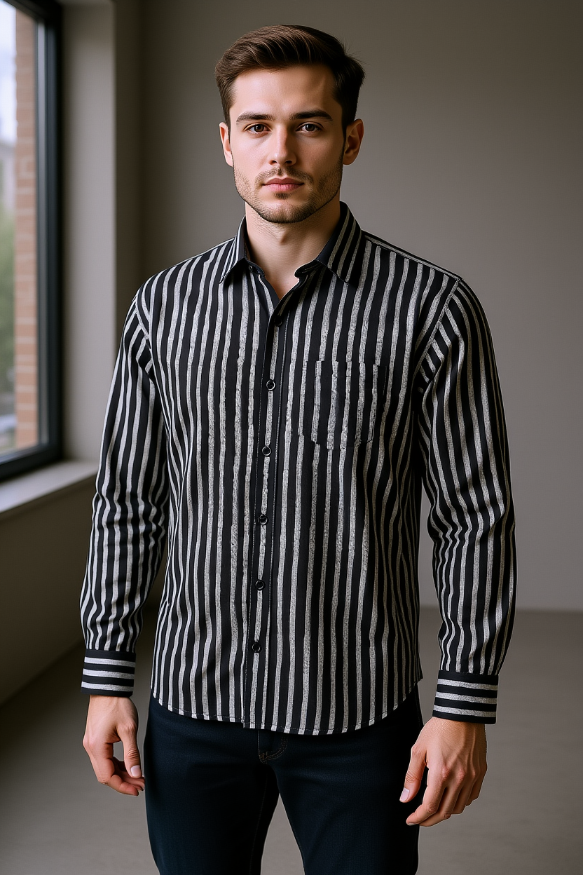 Black Strips Printed Sanganeri Full Sleeves Shirt