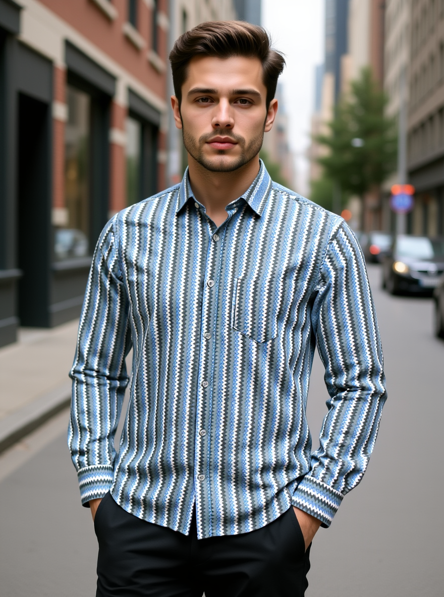 Blue Zig-Zag Sanganeri Full Sleeves Shirt