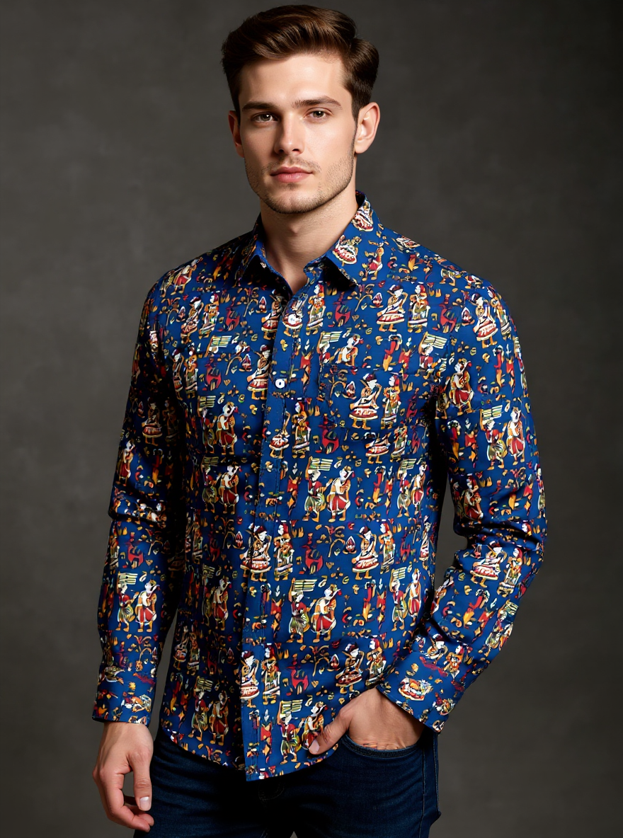 Blue Kalamkari Sanganeri Full Sleeves Shirt