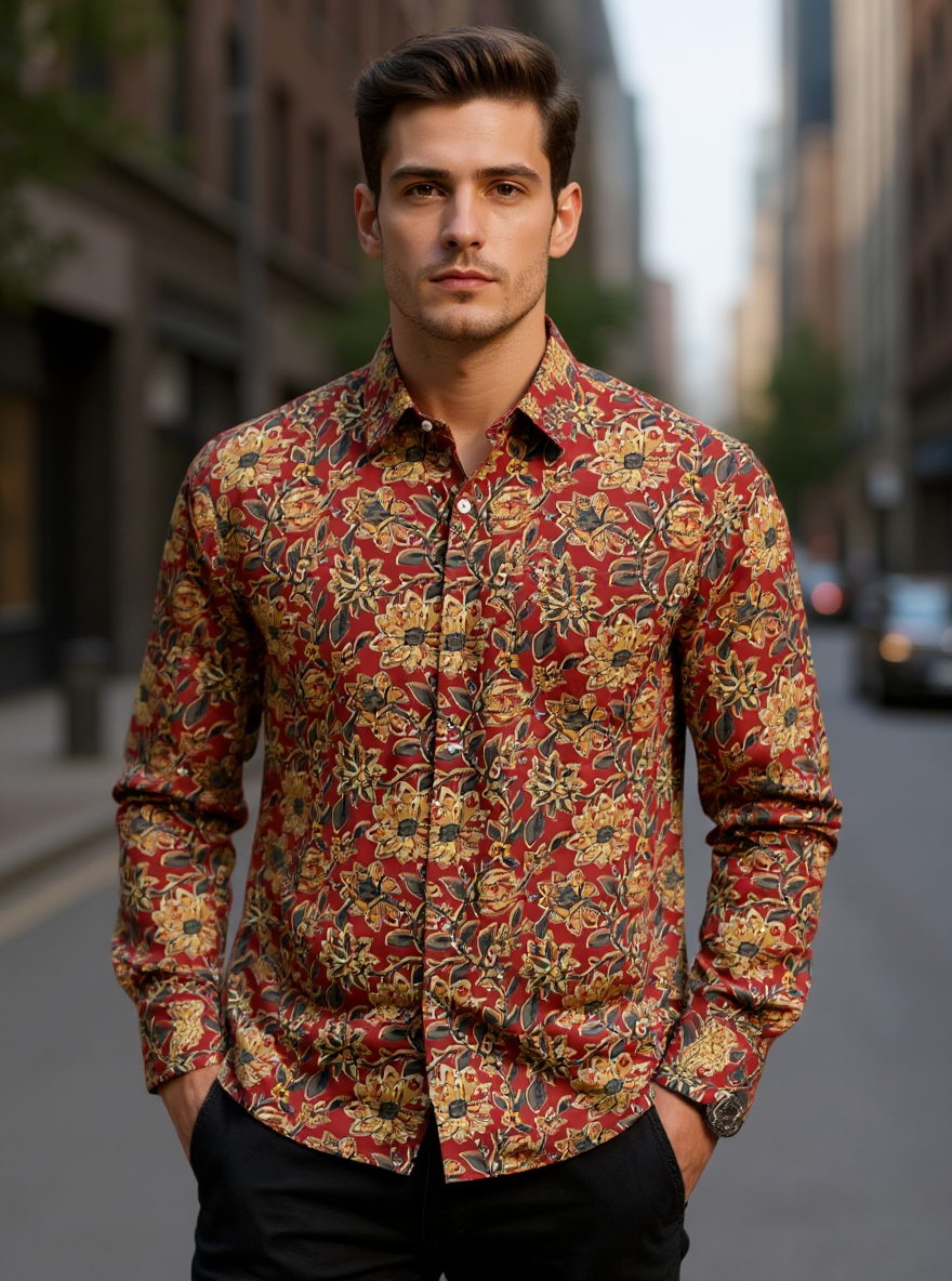 Red Floral Sanganeri Full Sleeves Shirt