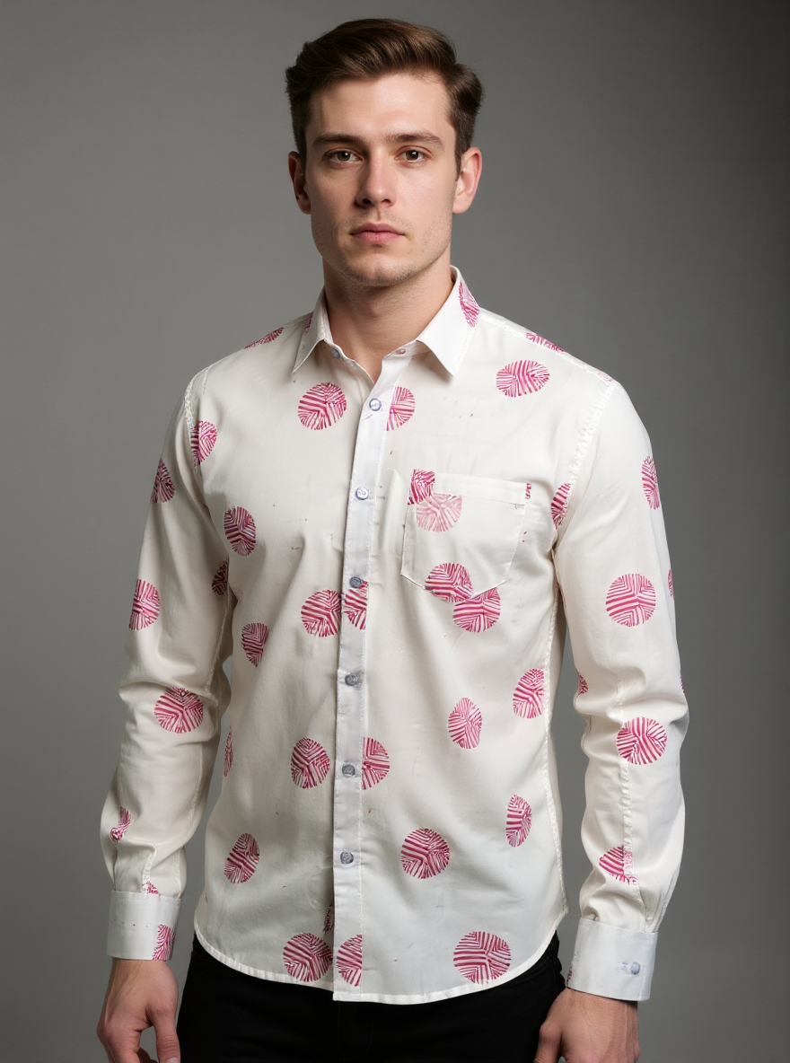 Off White Block Circle Sanganeri Full Sleeves Shirt