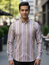 Dusty Mauve Broad Strips Full Sleeves Cotton Shirt