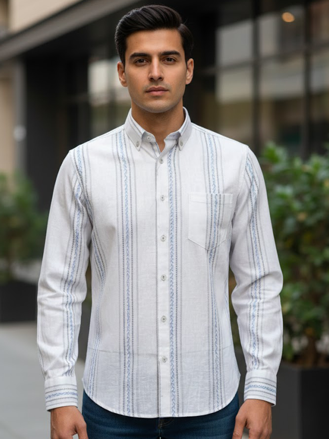 White Ethnic Embroidered Full Sleeves Cotton Shirt