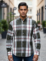 Olive Green Checkered Full Sleeves Cotton Shirt