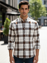 White & Brown Wild Checkered Full Sleeves Cotton Shirt