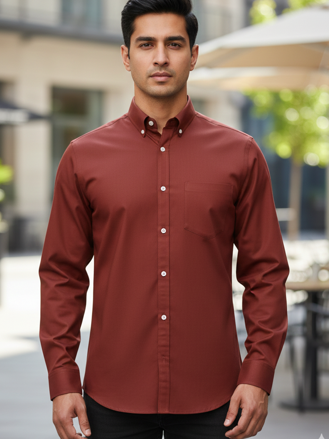 Brick Red Solid Down Button Full Sleeves Shirt