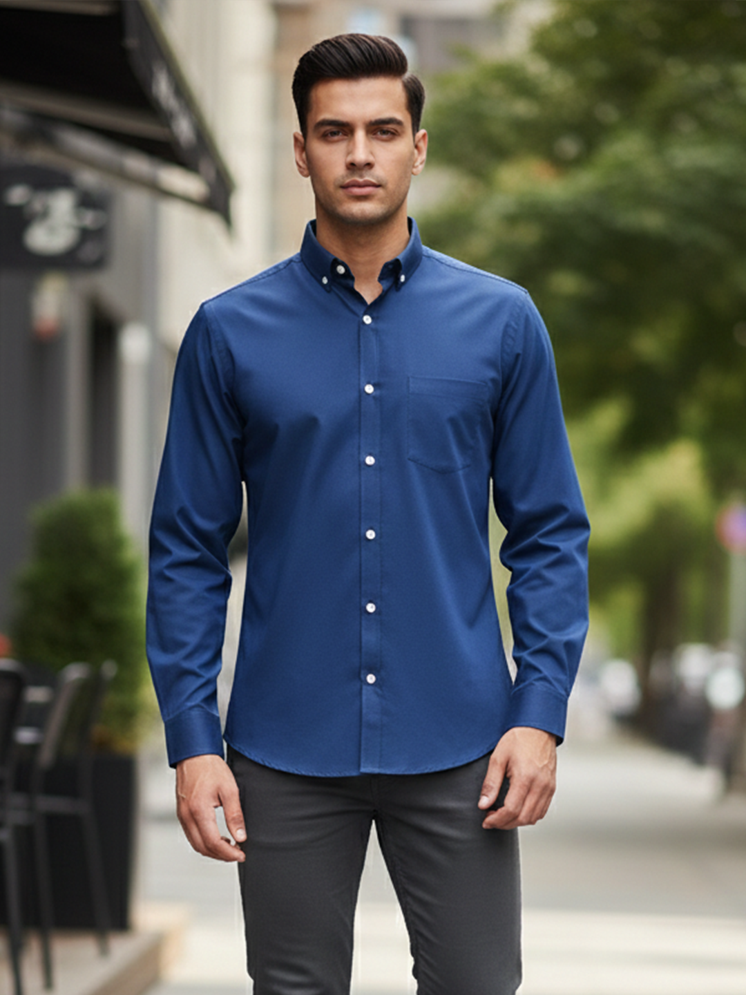 Navy Blue Solid Down Button Full Sleeves Shirt