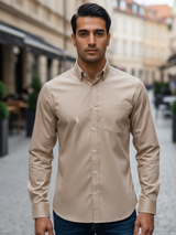 Sand Brown Solid Down Button Full Sleeves Shirt