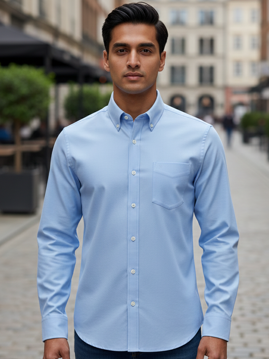 Sky Blue Solid Down Button Full Sleeves Shirt