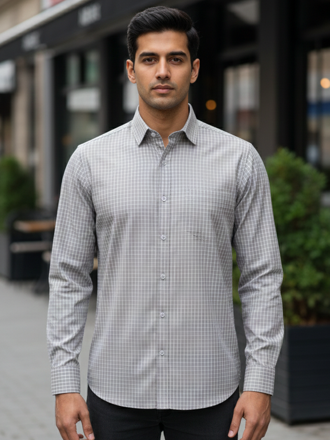 Grey Checks Full Sleeves Luthai Fabric Shirt
