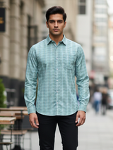 Mint Green Windowpane Checks Full Sleeves Cotton Shirt