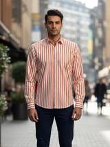 Orange Broad Vertical Stripes Full Sleeves Cotton Shirt