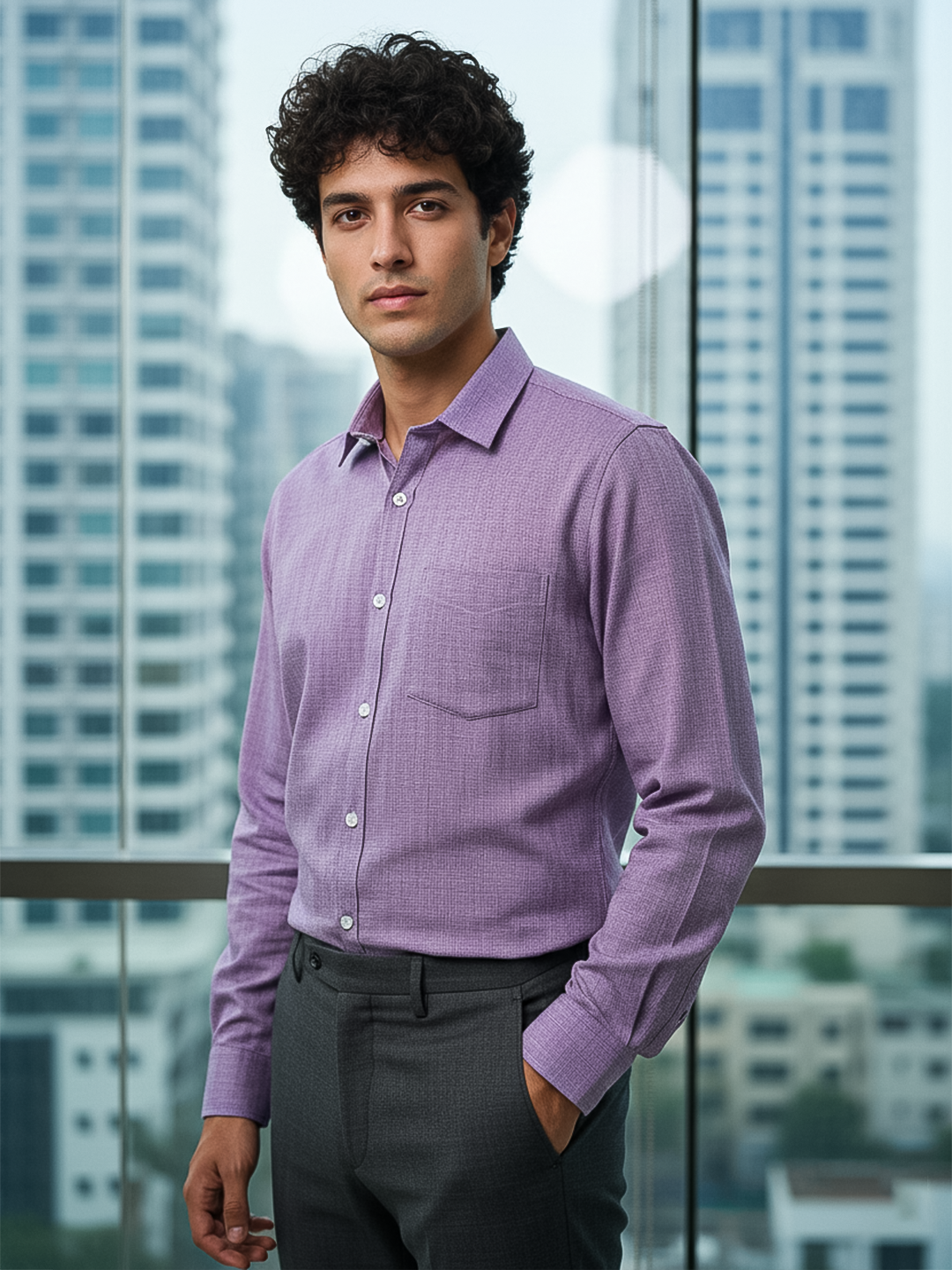 Light Mauve Melange Textured Full Sleeves Luthai Fabric Shirt