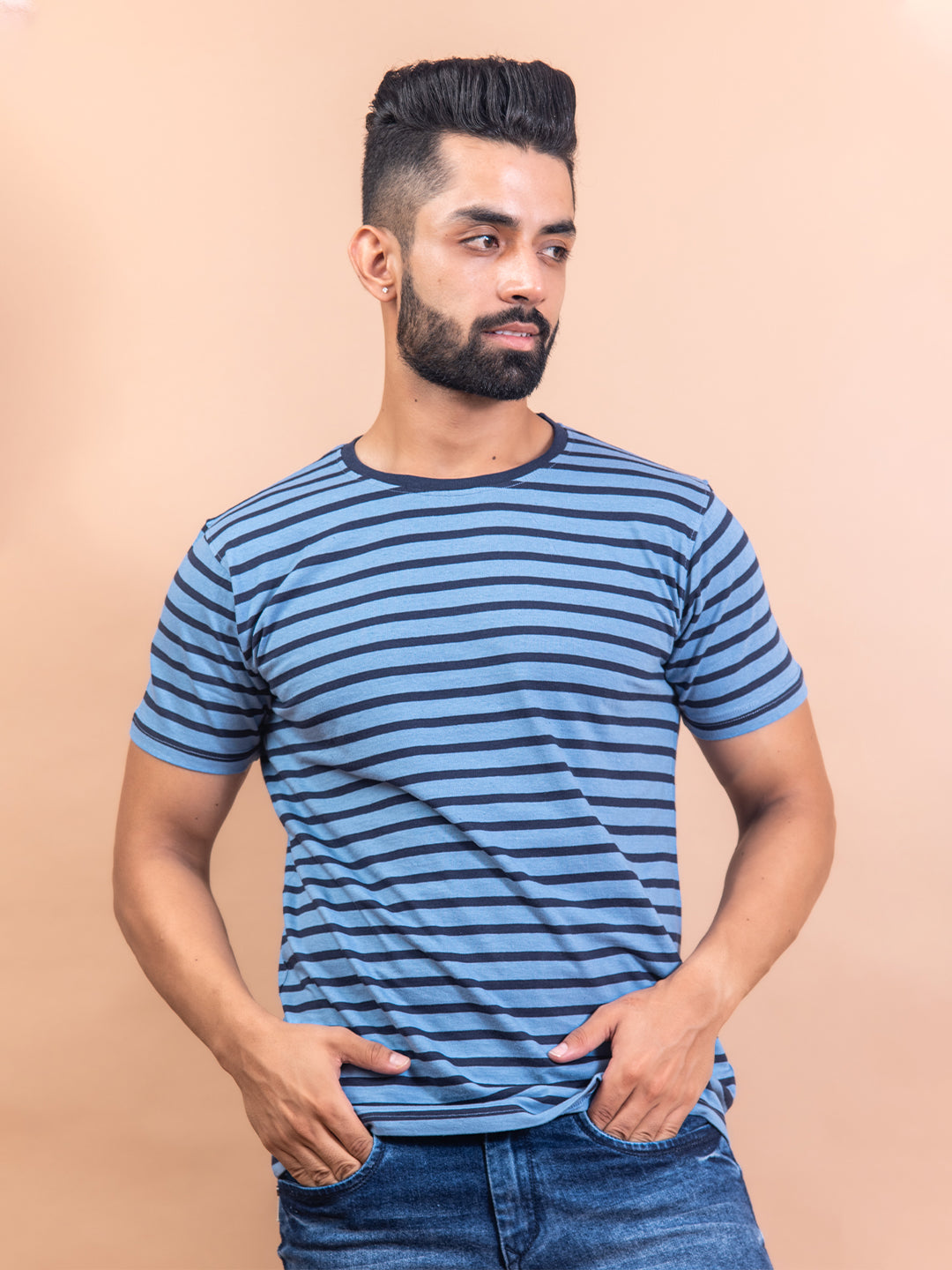 Blue Color Strips Round Neck Cotton T-Shirt For Men