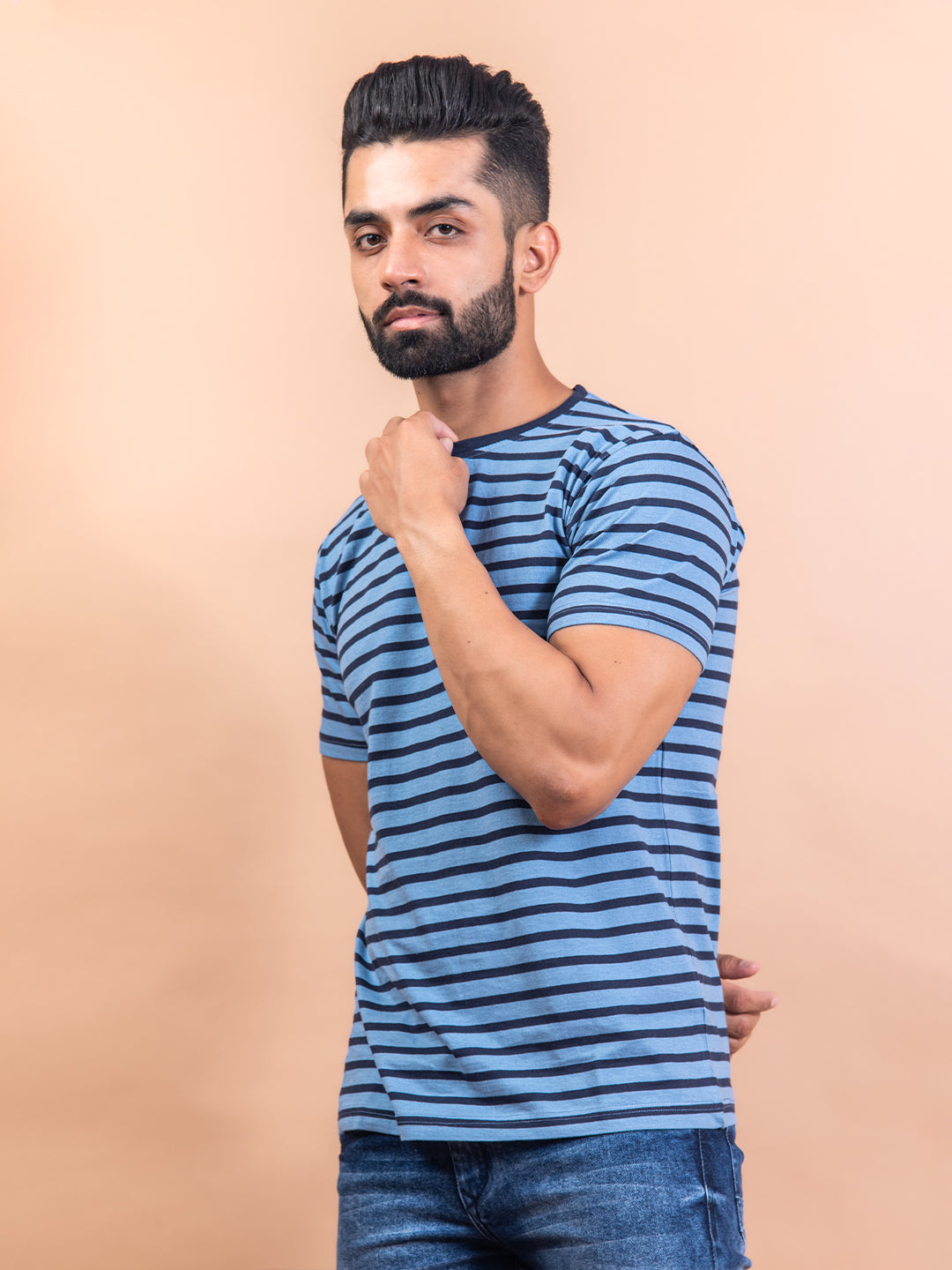 Blue Color Strips Round Neck Cotton T-Shirt For Men