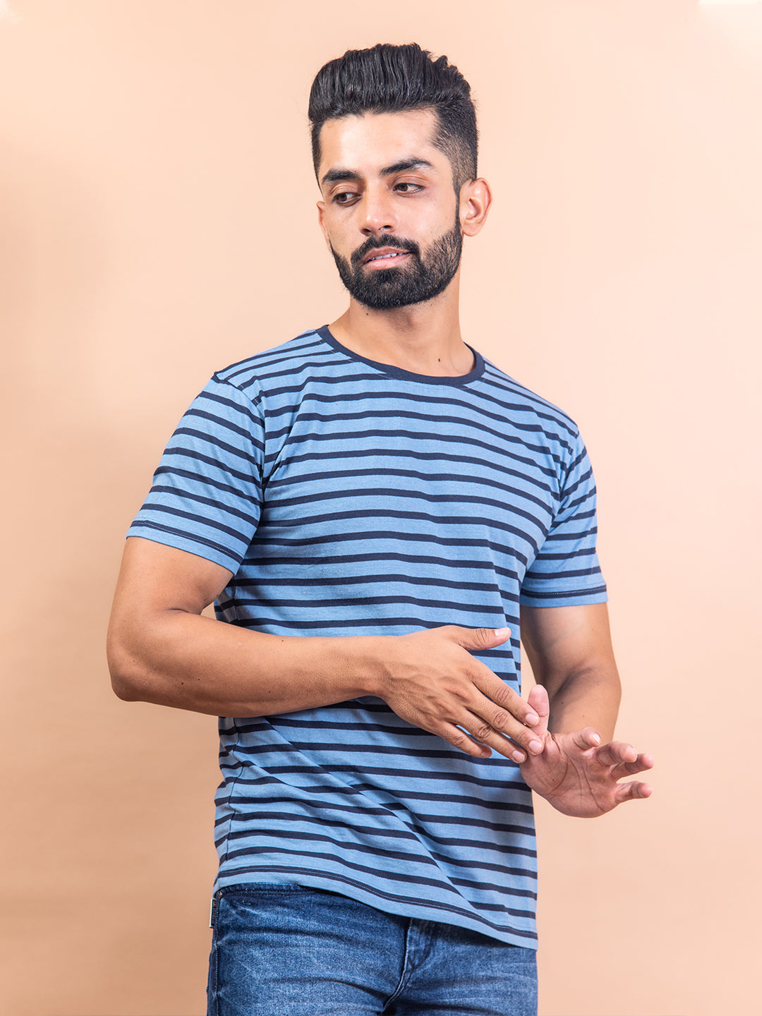 Blue Color Strips Round Neck Cotton T-Shirt For Men