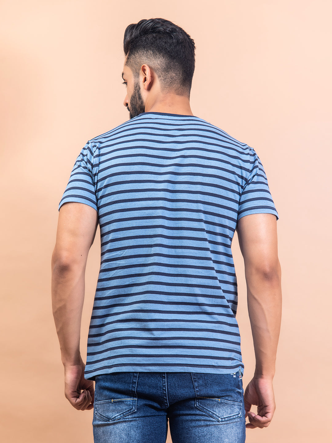 Blue Color Strips Round Neck Cotton T-Shirt For Men