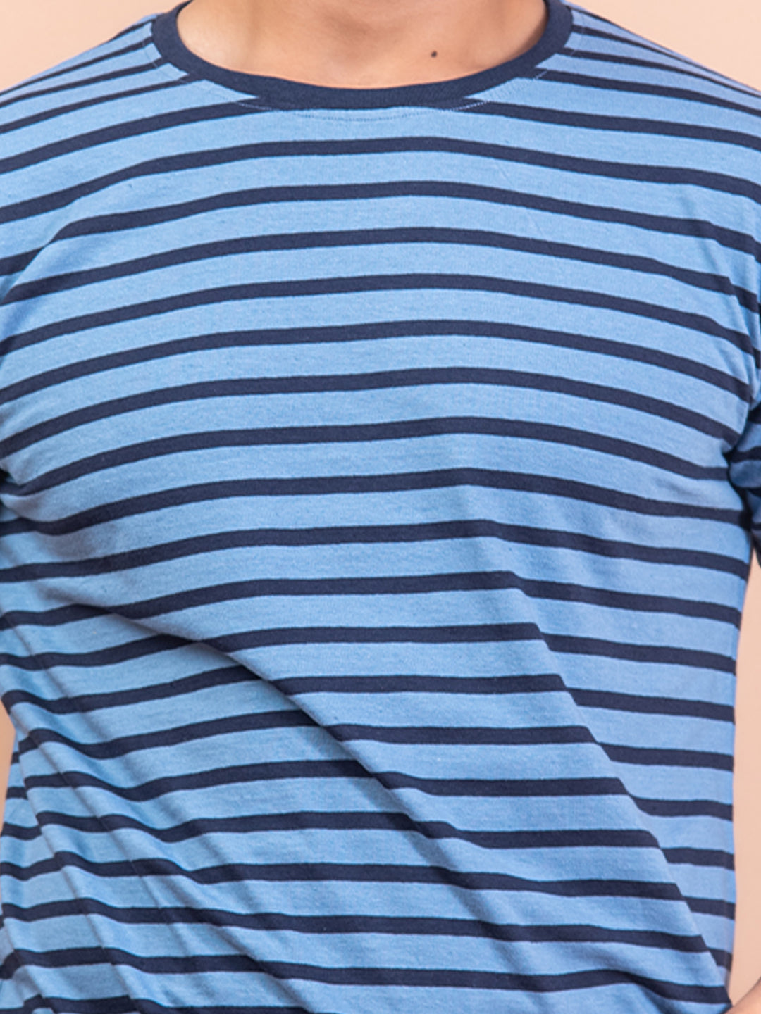 Blue Color Strips Round Neck Cotton T-Shirt For Men