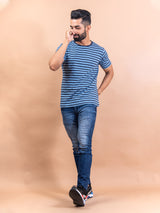 Blue Color Strips Round Neck Cotton T-Shirt For Men