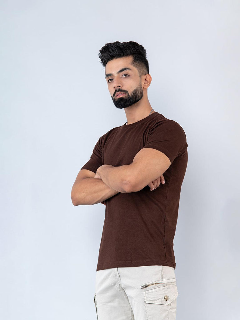 Brown Round Neck Cotton T-shirt - Tistabene