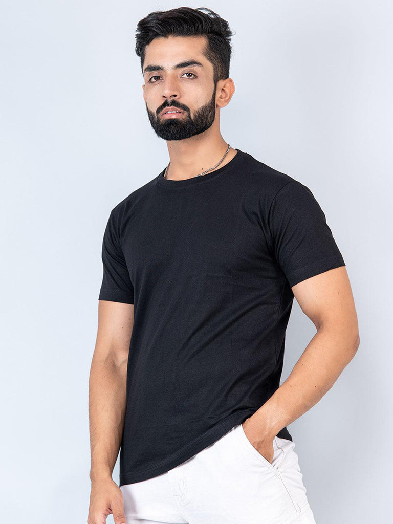 Black Round Neck Cotton T-shirt - Tistabene