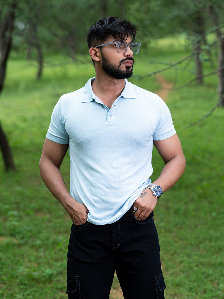 Dapper Pastel Blue Knitted Polo T-shirt - Tistabene