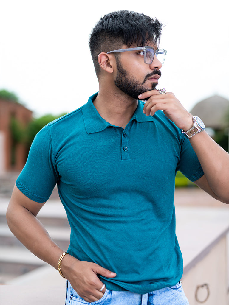 Verdant Sea Green Knitted Polo T-shirt - Tistabene