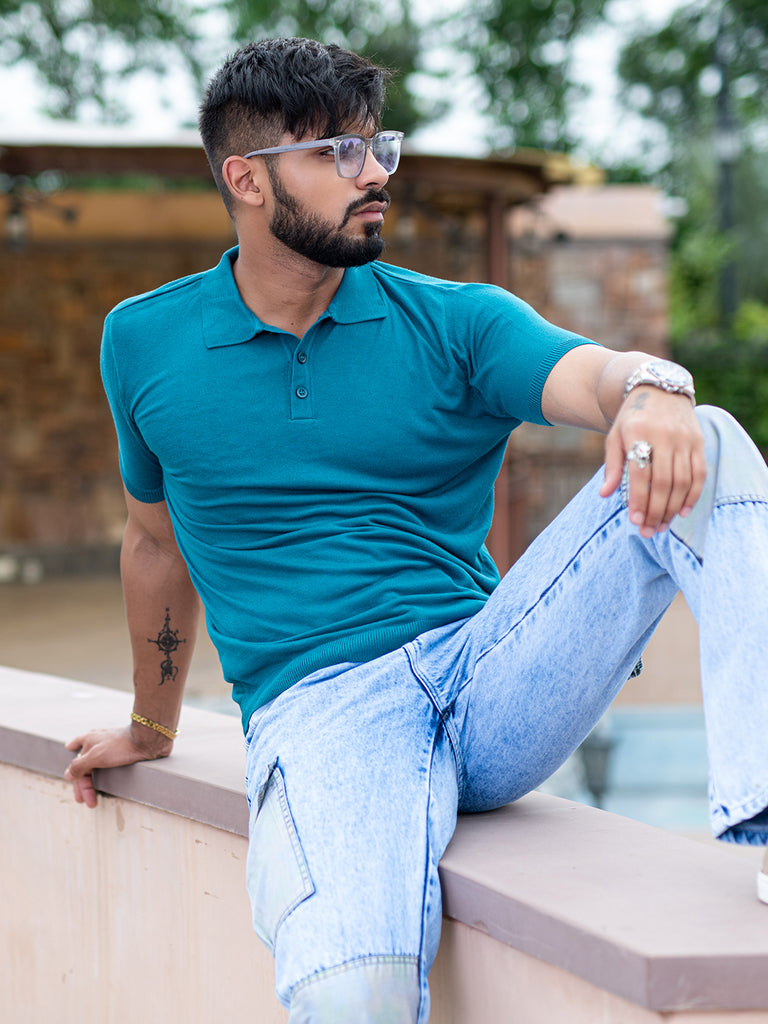 Verdant Sea Green Knitted Polo T-shirt - Tistabene