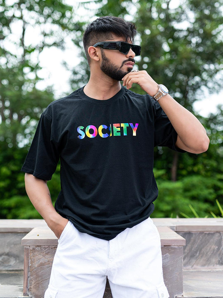 Black Reflective Rainbow Society Printed Oversized T-Shirt - Tistabene