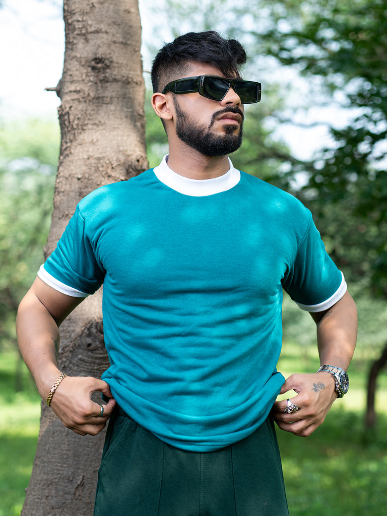 Teal Green Round Neck Loose Fit Half Sleeve T-shirt - Tistabene