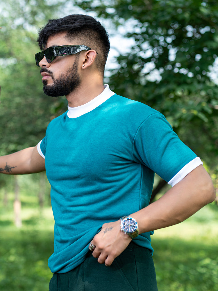 Teal Green Round Neck Loose Fit Half Sleeve T-shirt - Tistabene