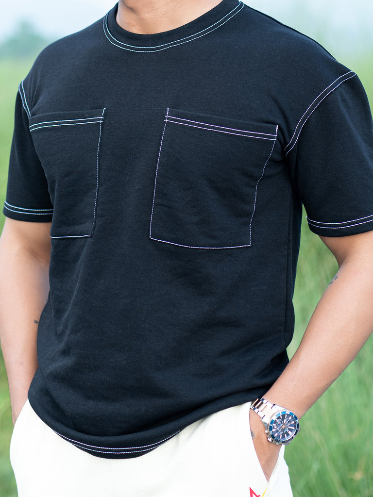 Black Two Pockets Loose Fit Half Sleeve T-shirt - Tistabene