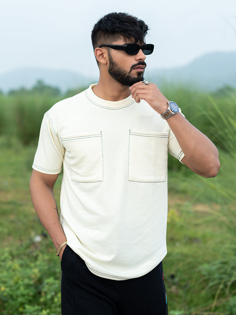 Cream Two Pockets Loose Fit Half Sleeve T-shirt - Tistabene