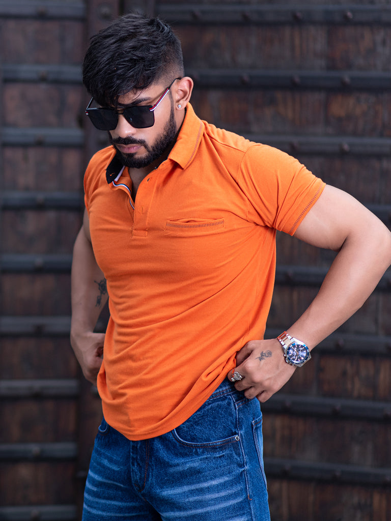 Solid Polo Neck Orange Cotton T-shirt With Pocket - Tistabene