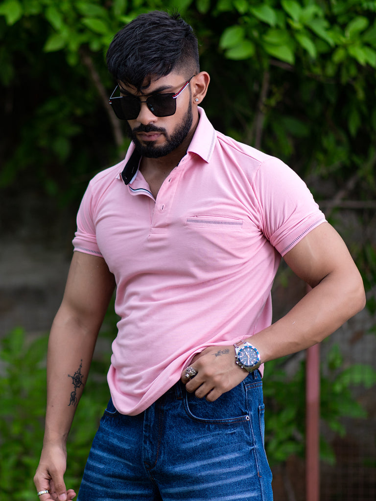 Solid Polo Neck Baby Pink Cotton T-shirt With Pocket - Tistabene