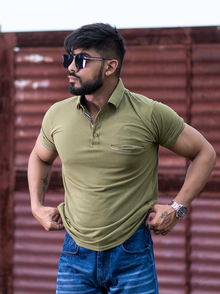 Solid Polo Neck Olive Green Cotton T-shirt With Pocket - Tistabene